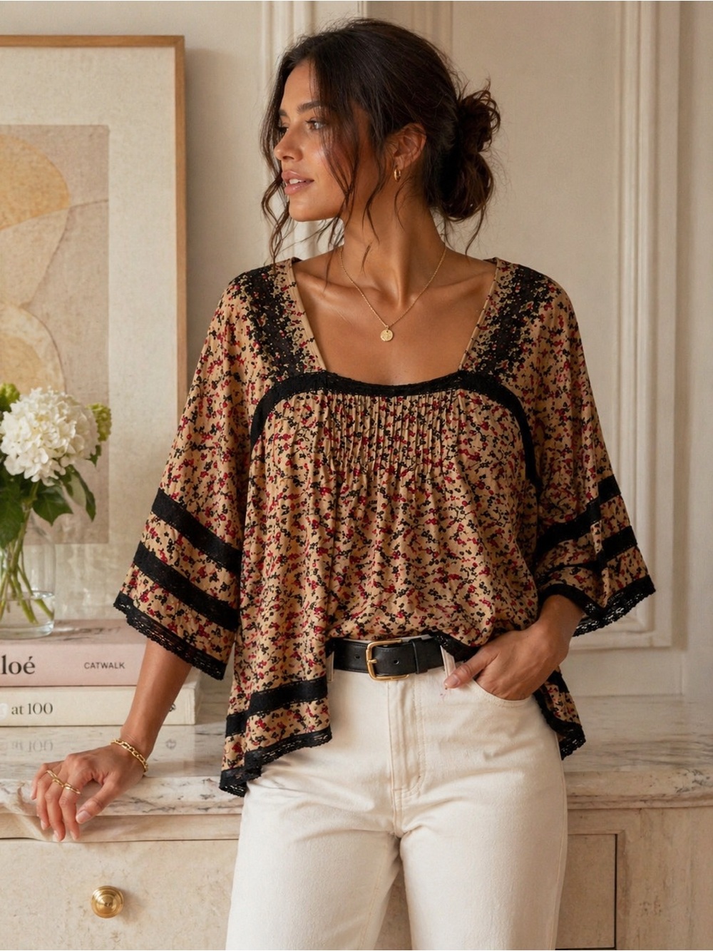 Essentiel Antwerp Silk Floral Lace Boho Blouse EU 40 Anthropologie Quiet Luxury